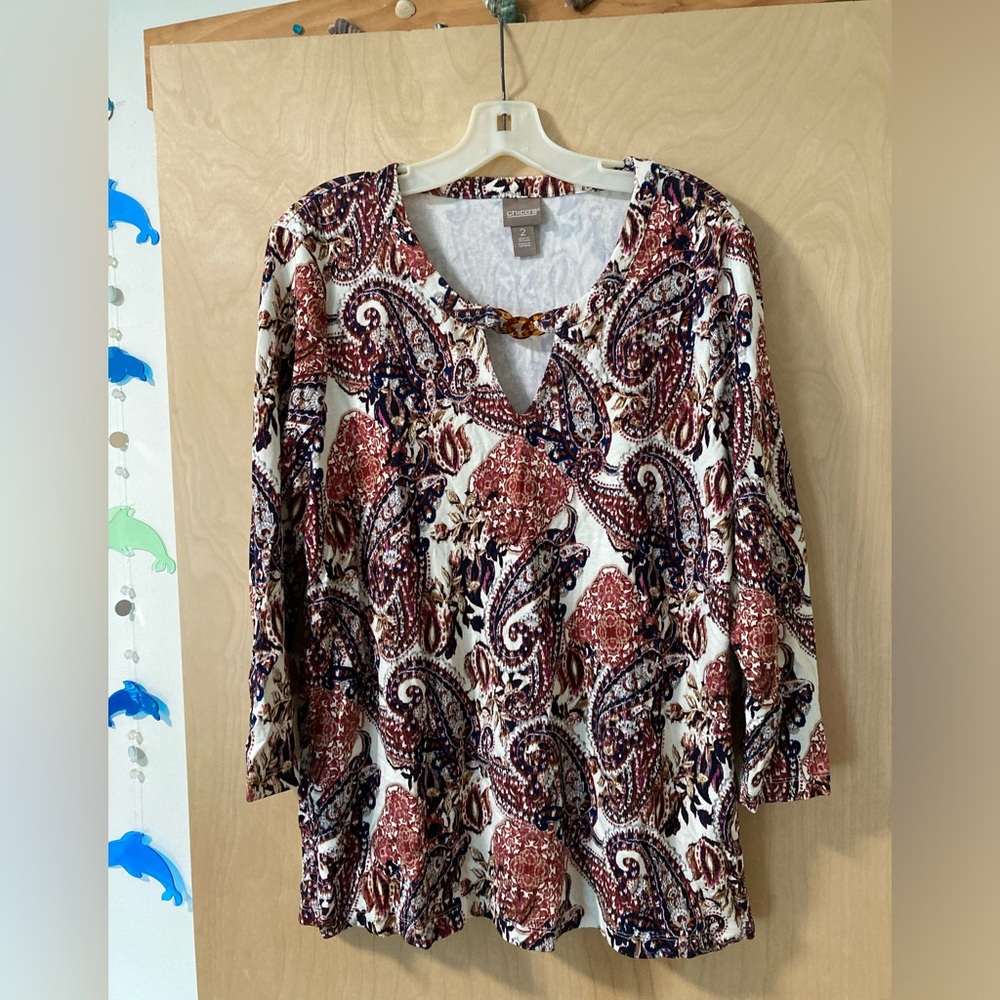 Chico's NWT Red, Brown & Cream Paisley Blouse Women’s Size Large/Chico’s Size 2